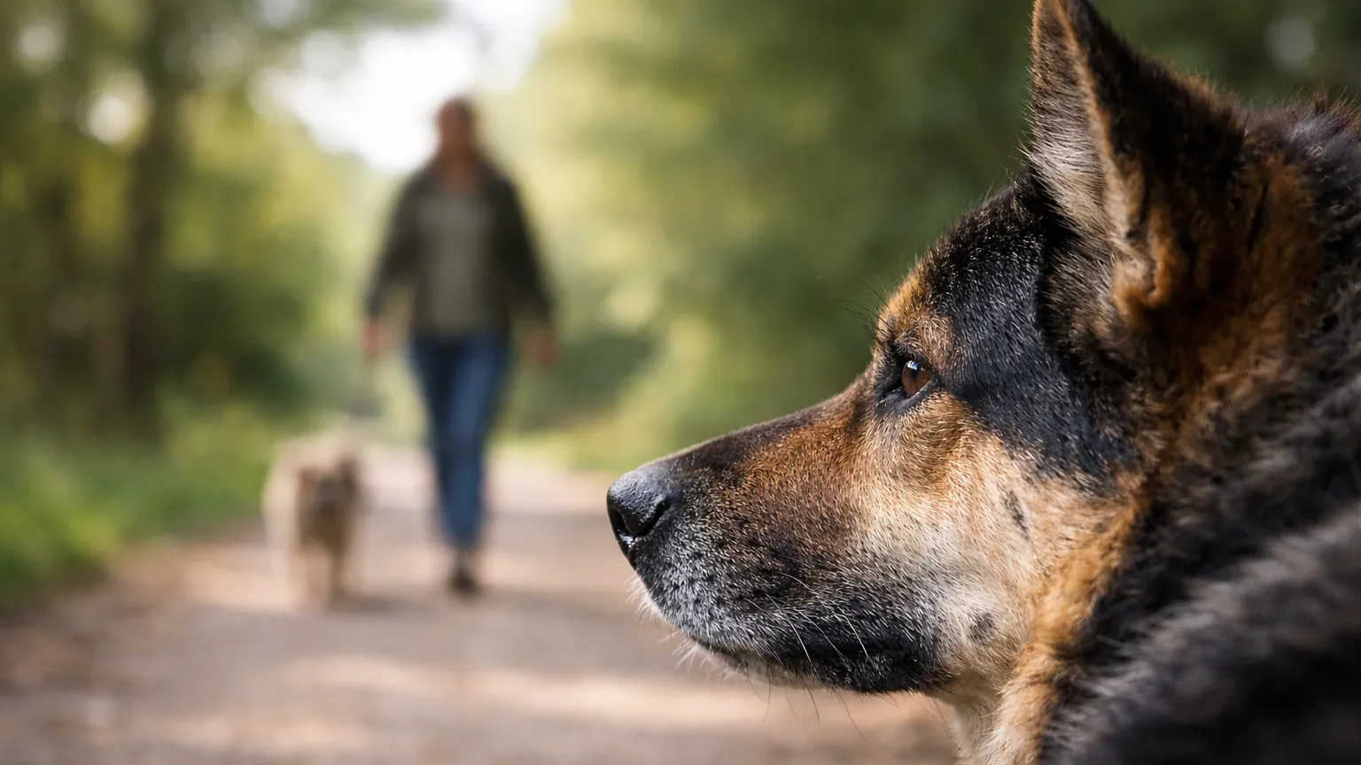 Schäferhund im Profil beobachtet eine entgegenkommende Frau mit kleinem Hund auf einem Waldweg