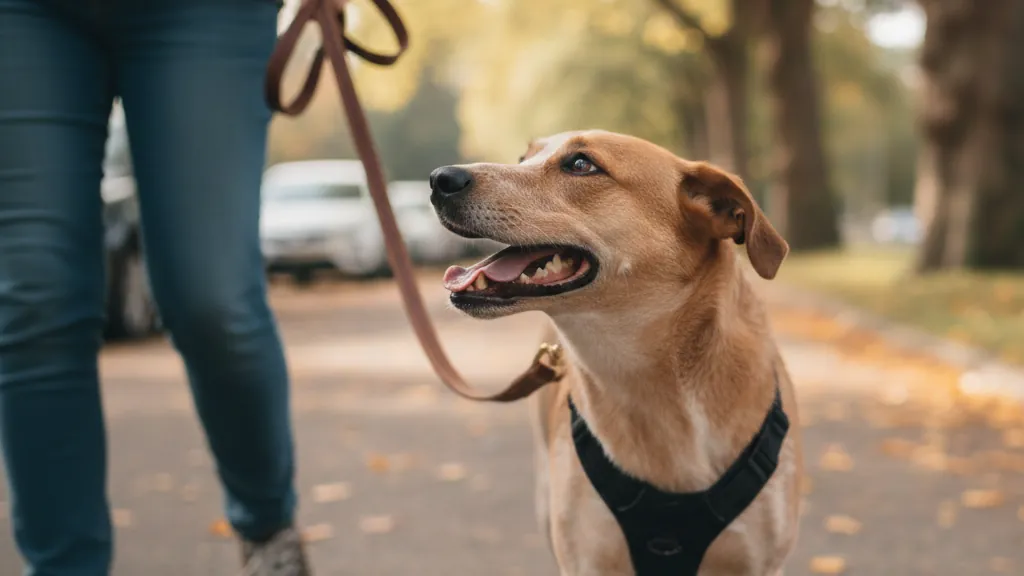 Brauner Hund im Geschirr geht aufmerksam an lockerer Leine neben einer Person durch eine herbstliche Allee