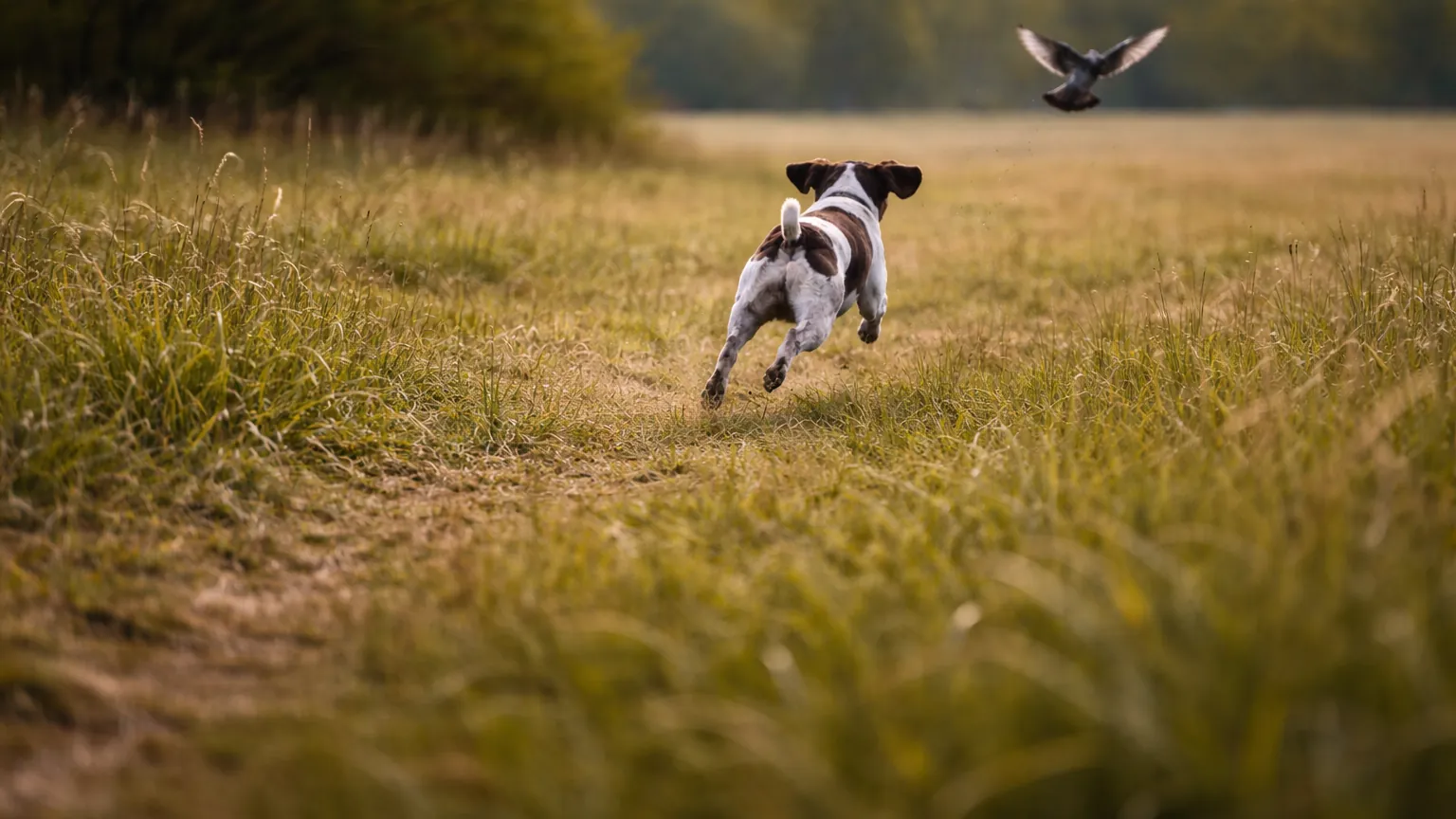 Weiß-brauner Vorstehhund rennt durch eine Wiese und jagt einem auffliegenden Vogel hinterher
