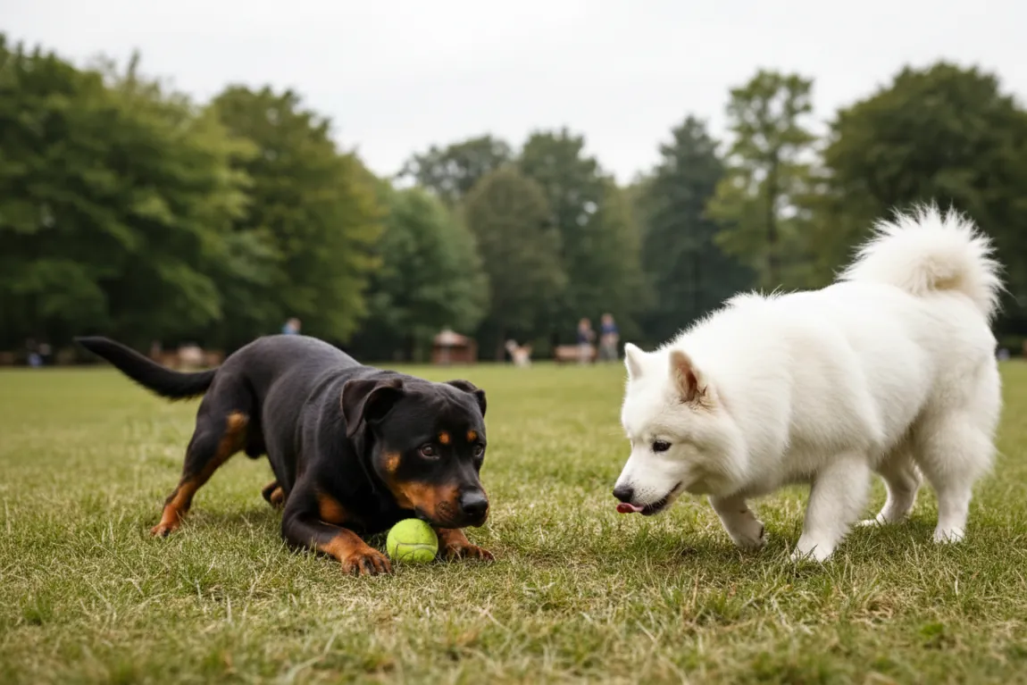 Schwarz-brauner Hund verteidigt im Park einen Tennisball vor einem sich nähernden weißen Spitz