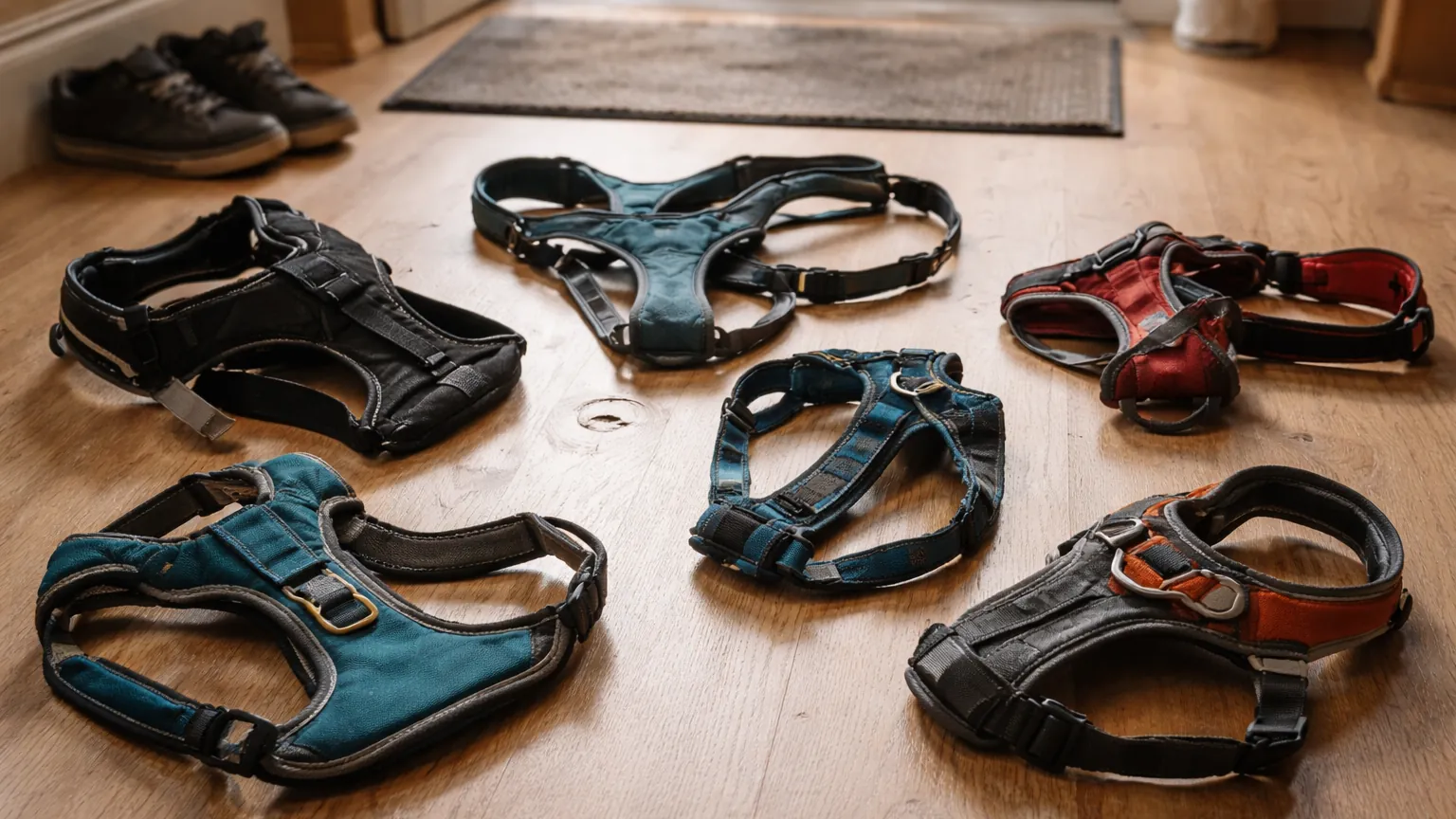 Sechs verschiedene Hundegeschirre in Petrol, Schwarz, Rot und Orange liegen im Flur auf einem Holzboden