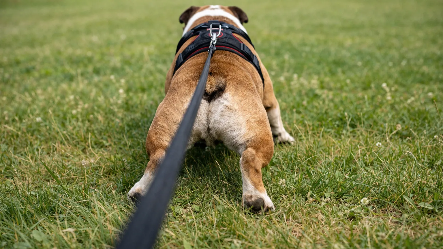 Englische Bulldogge im Geschirr zieht von hinten gesehen kräftig an der straffen Leine über eine Wiese